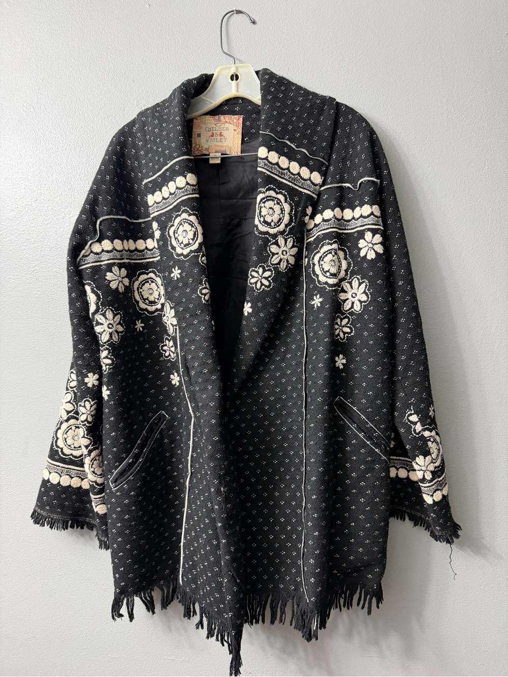 Chelsea & Violet black white hem Black Floral Embroidered Fringe Jacket small